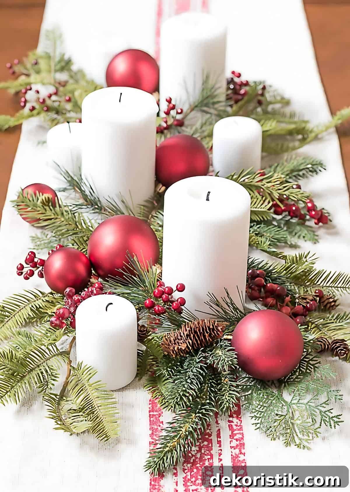 Christmas Vignette Ideas to Elevate Your Holiday Decor 10 white pillar candles mixed with Christmas greenery and red ornaments on a coffee table