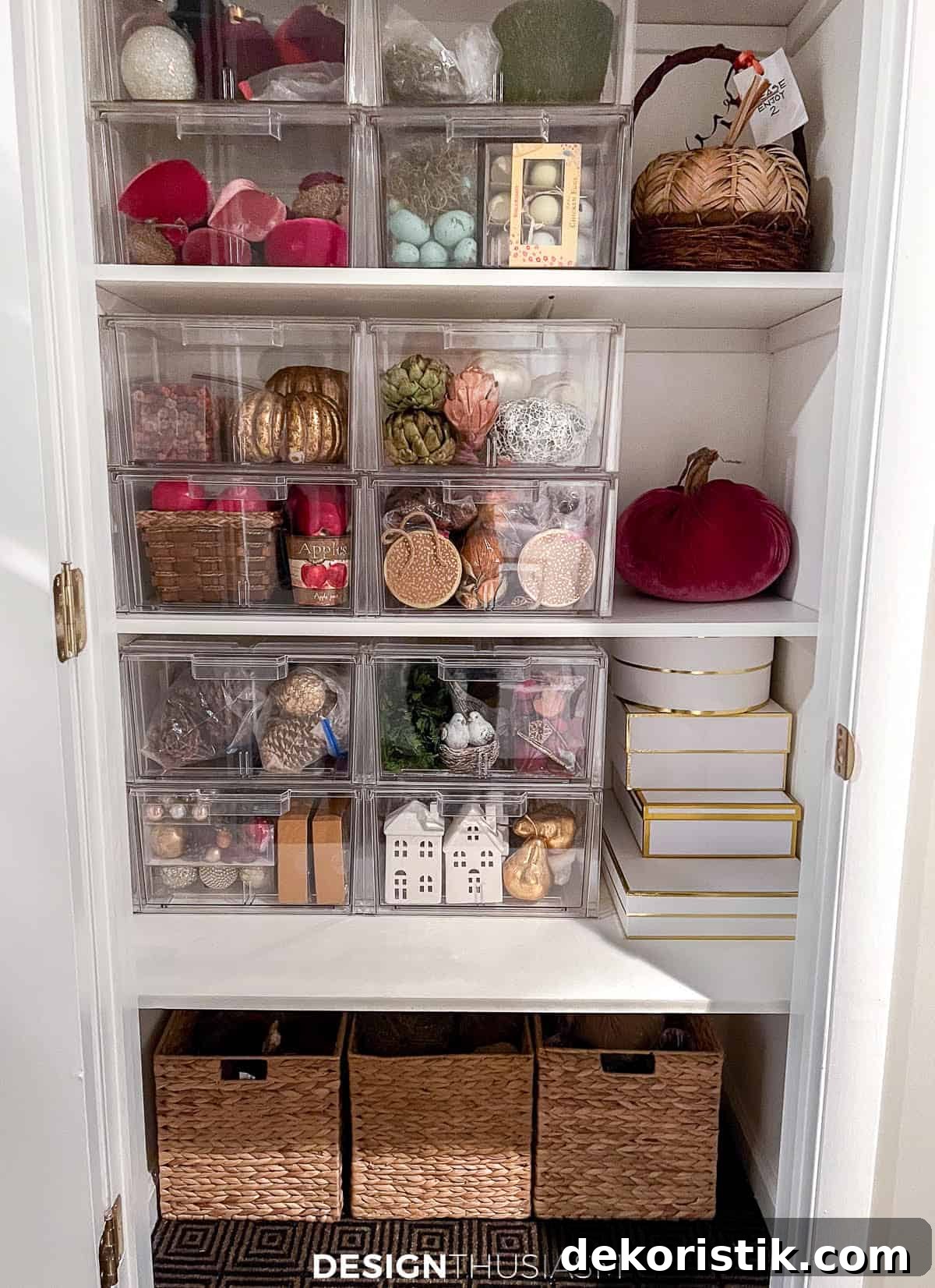 interior of a storage closet with holiday decorations