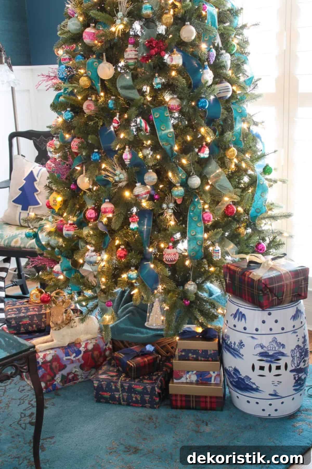 Christmas tree with teal ribbon