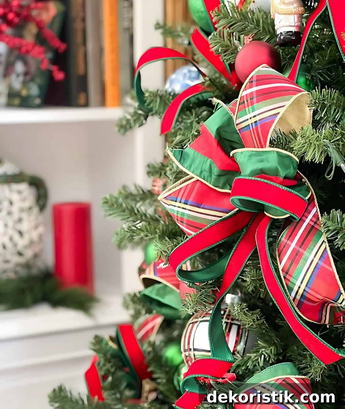 plaid ribbon on a Christmas tree