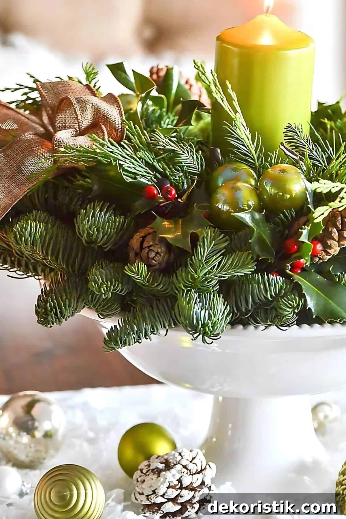 white pedestal bowl filled with live Christmas greenery