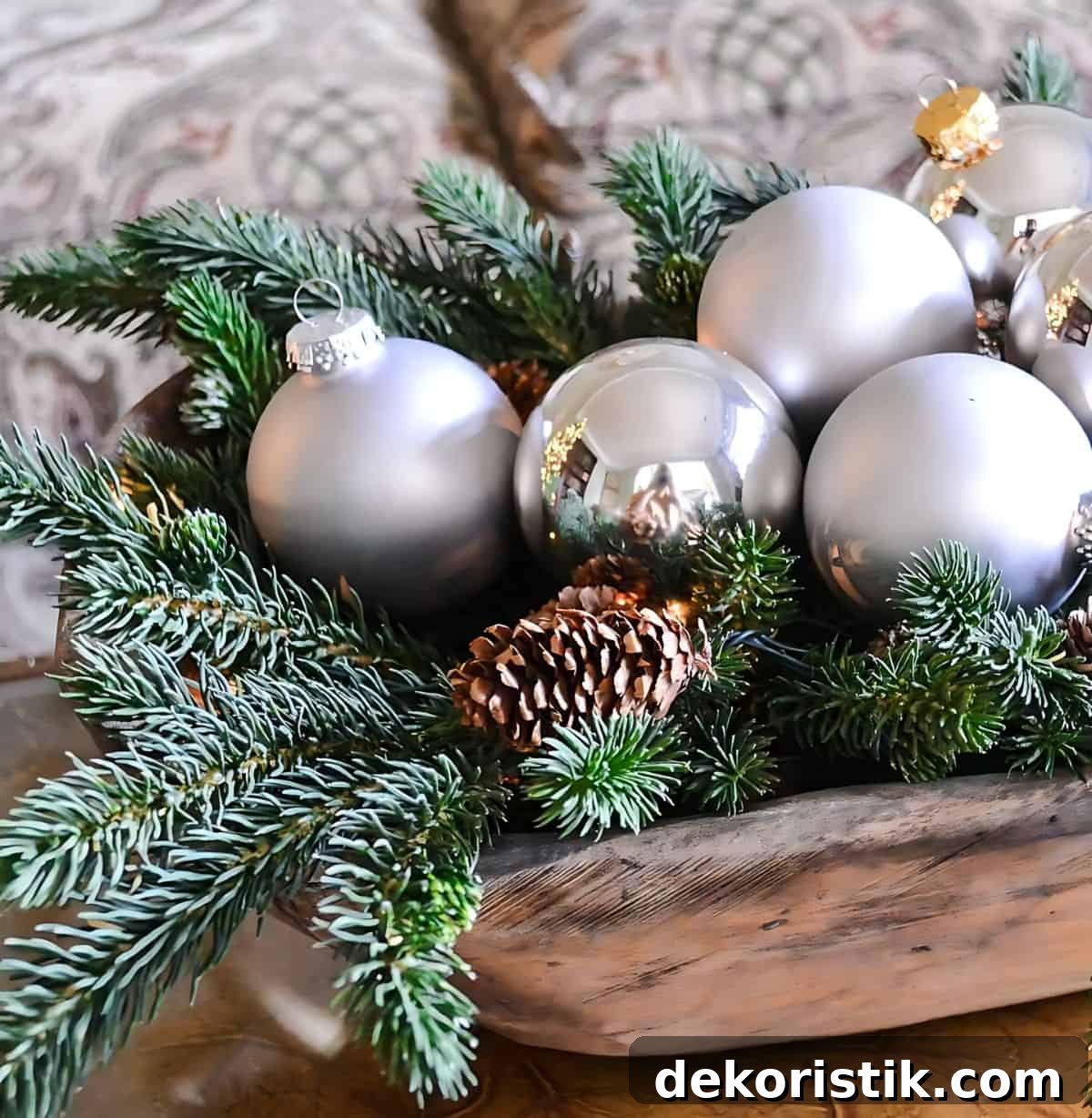 silver and fresh greenery in a dough bowl