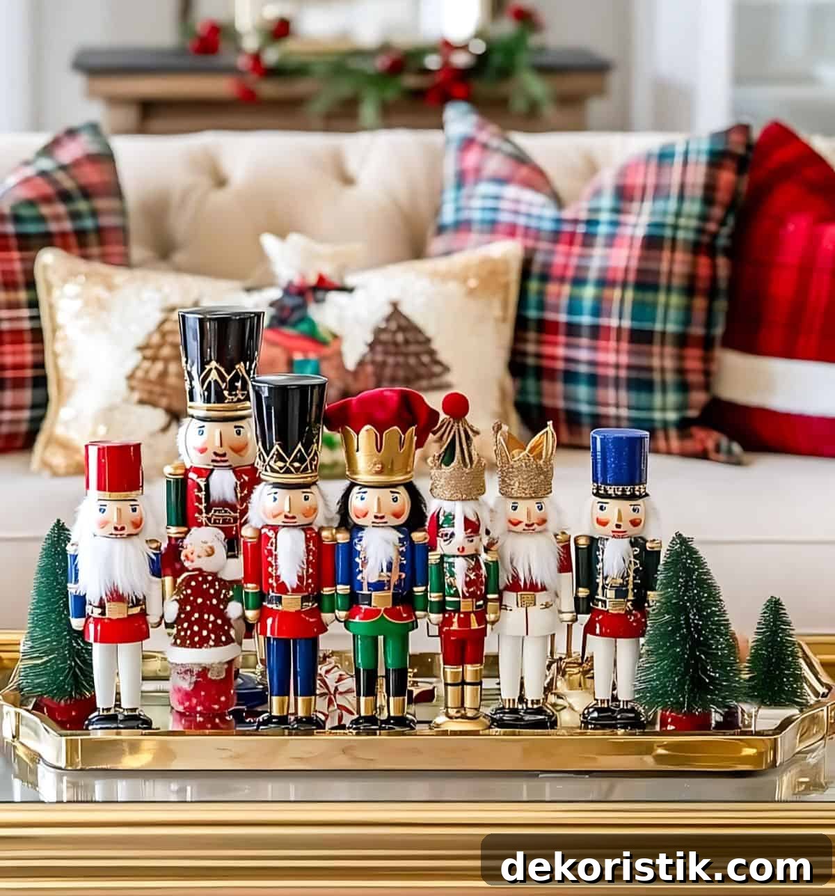 collection of soldier nutcrackers on a tray on a glass coffee table