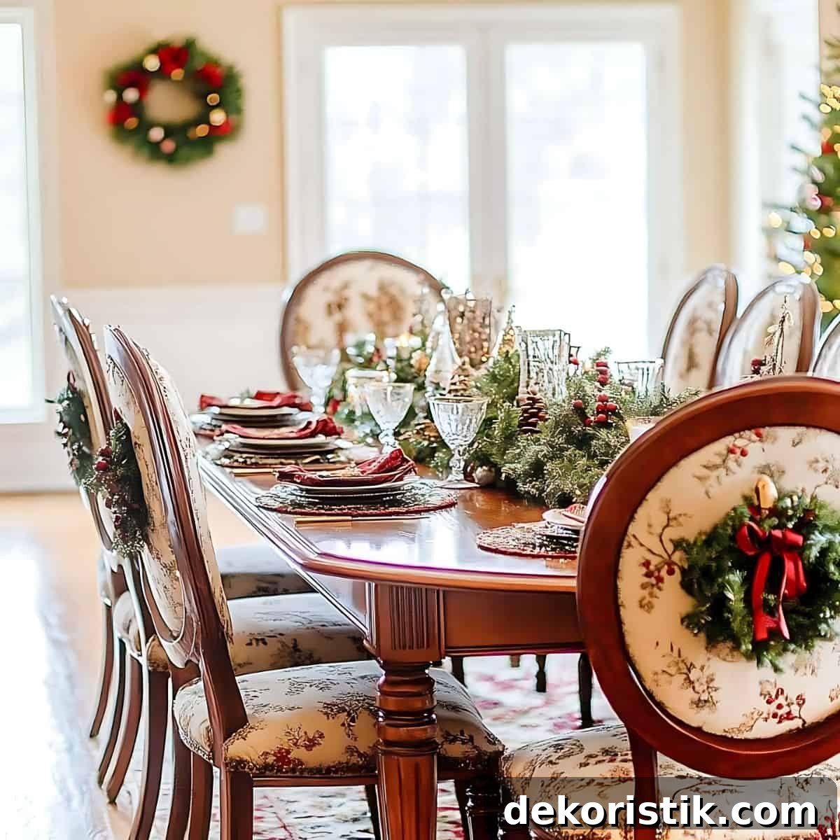 dining room decorated for Christmas with wreaths on the chair backs