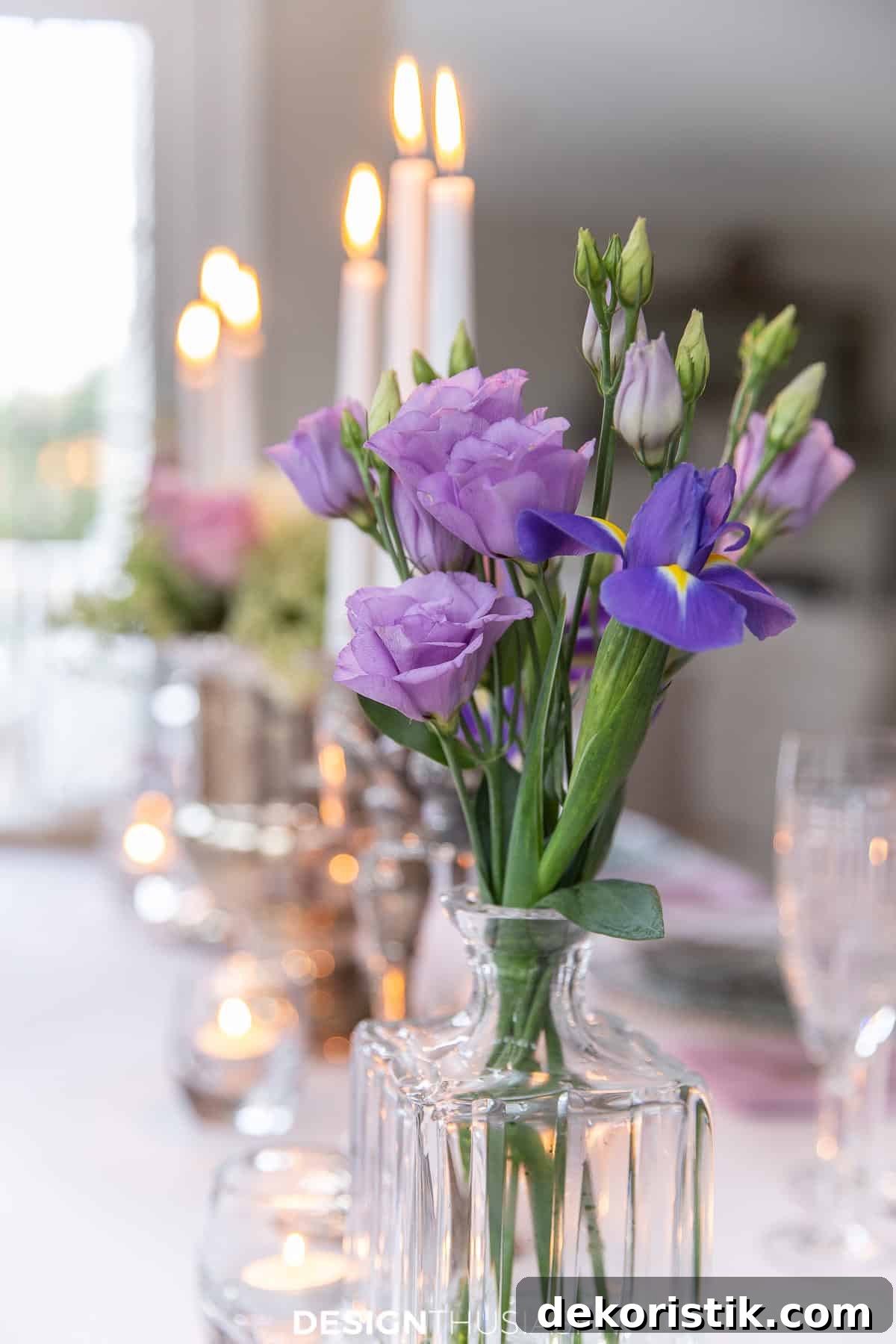 purple flower arrangement on a dining tablescape