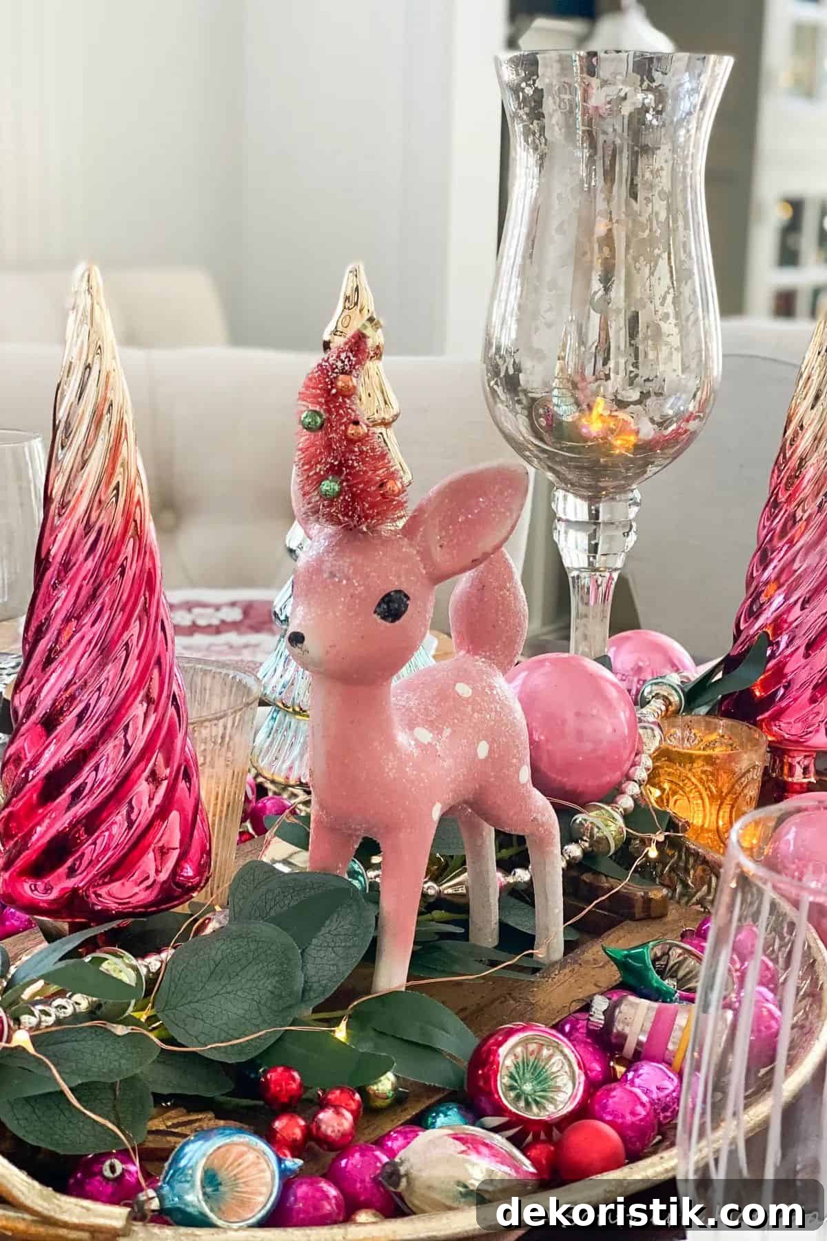 pink reindeer and Christmas tree vignette