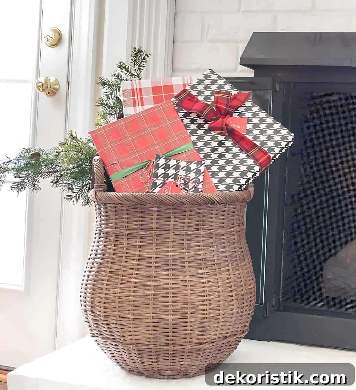 large basket filled with wrapped Christmas gifts