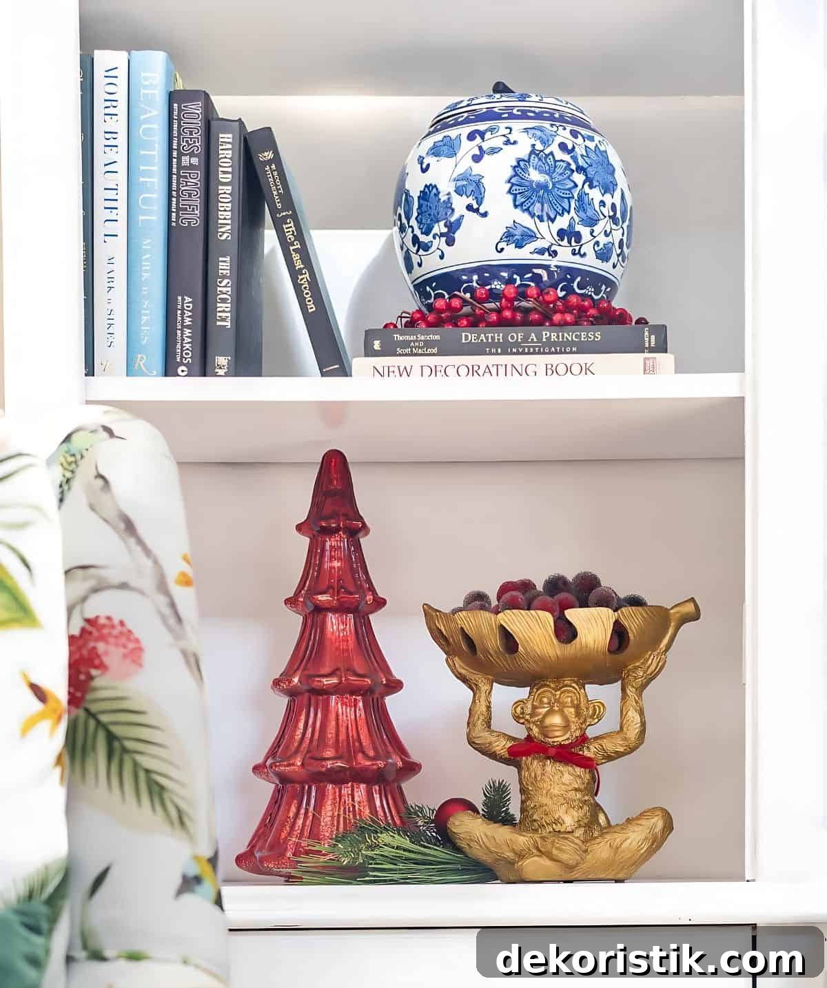 Christmas decor on a white bookcase
