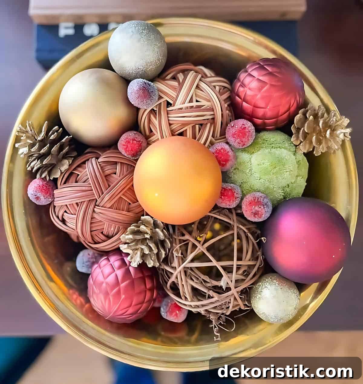 brass bowl filled with Christmas bits and baubles