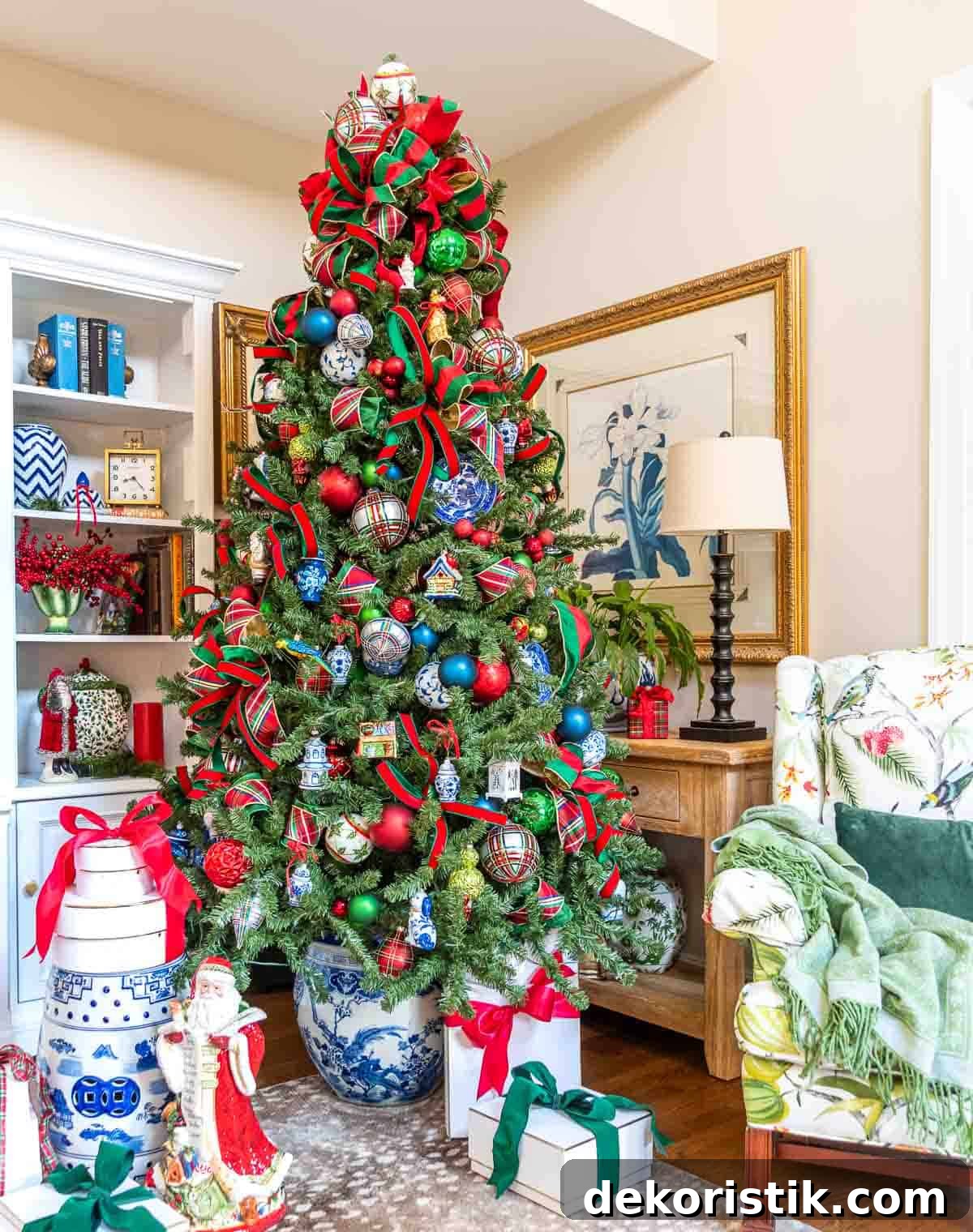 traditional red and green  Christmas tree with blue and white chinoiserie accents