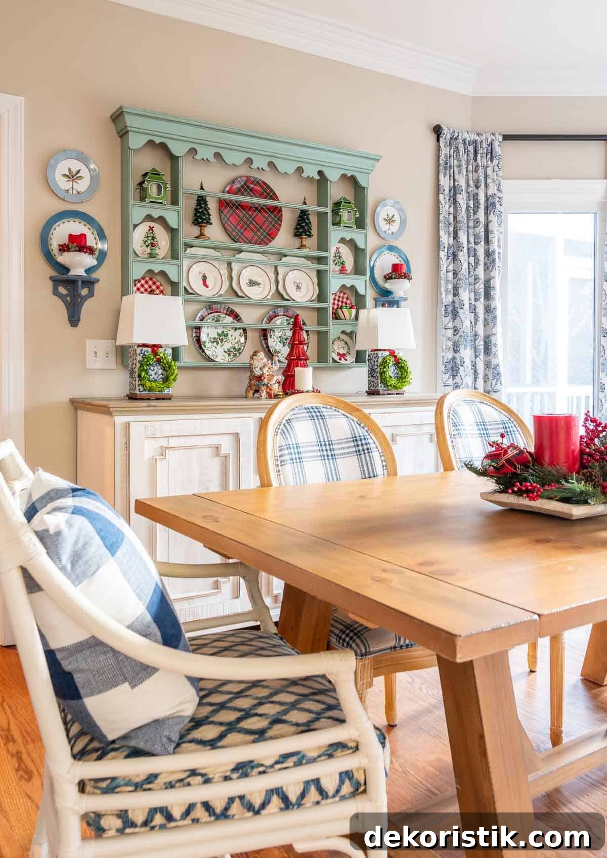 plate rack in a breakfast room decorated for Christmas