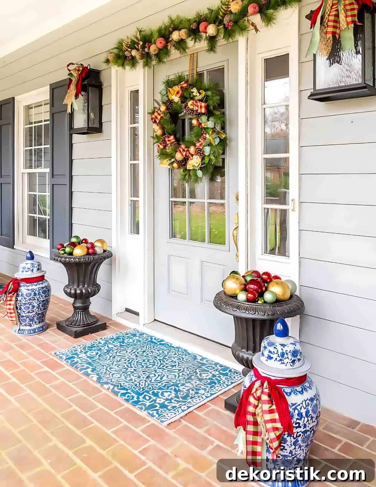 front porch on a gray house decorated for Christmas