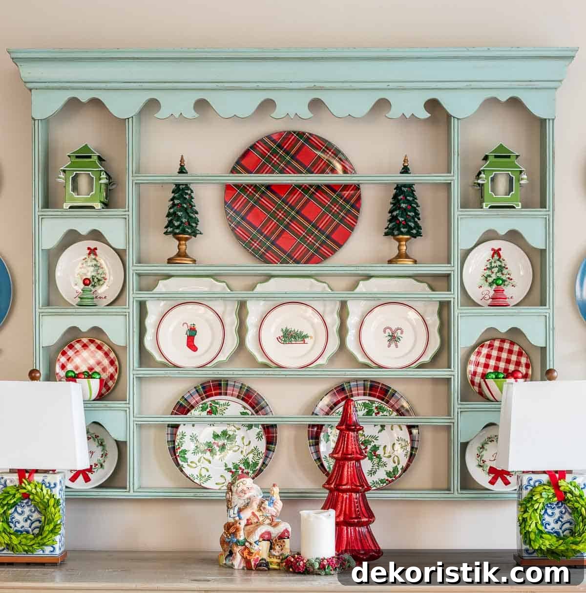 plate rack in a breakfast room decorated for Christmas