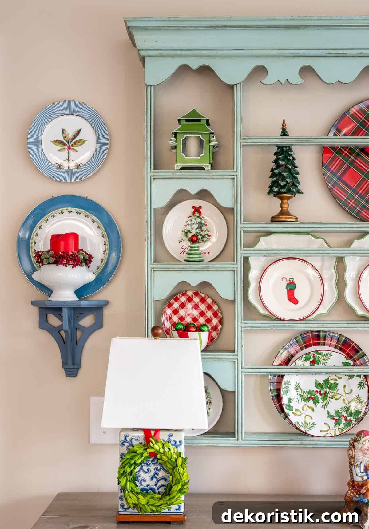 plate rack in a breakfast room decorated for Christmas