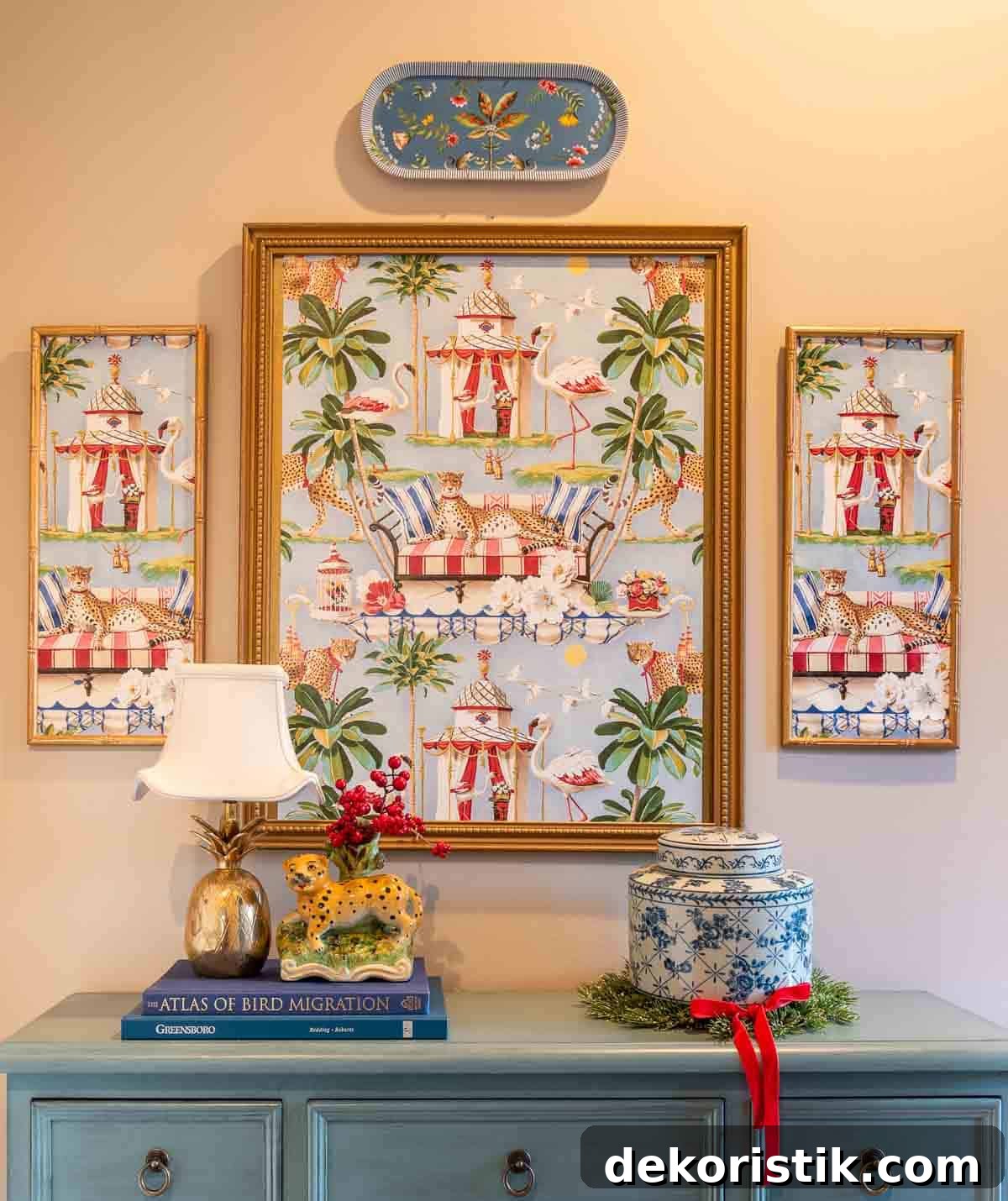 blue chest and chinoiserie artwork and accessories