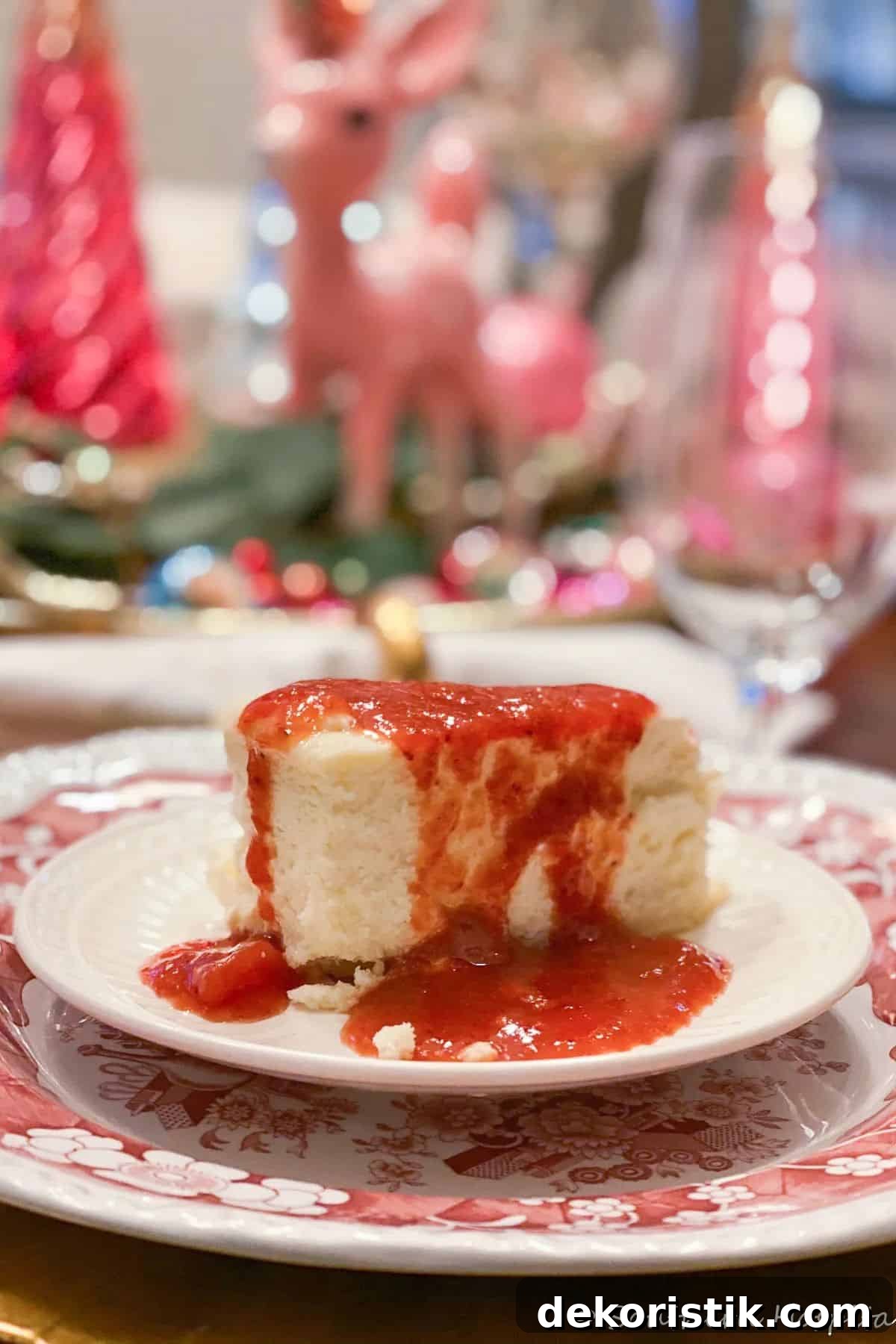 a piece of italian cheesecake with strawberry sauce