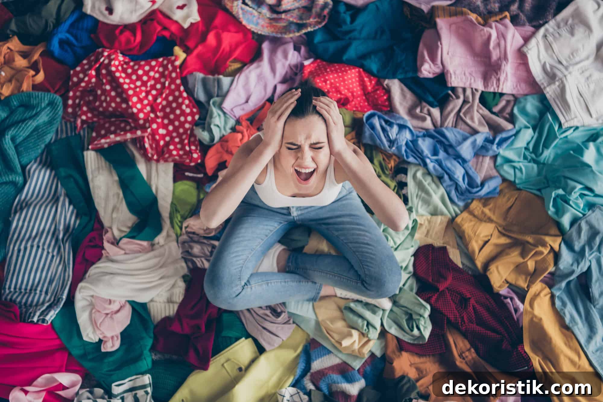 overwhelmed woman sitting in a pile of clothes on the floor