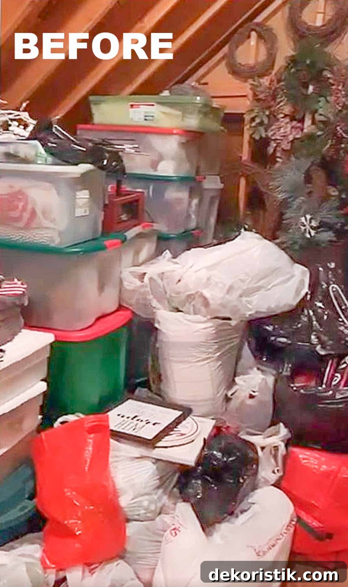 disorganized Christmas decorations in an attic