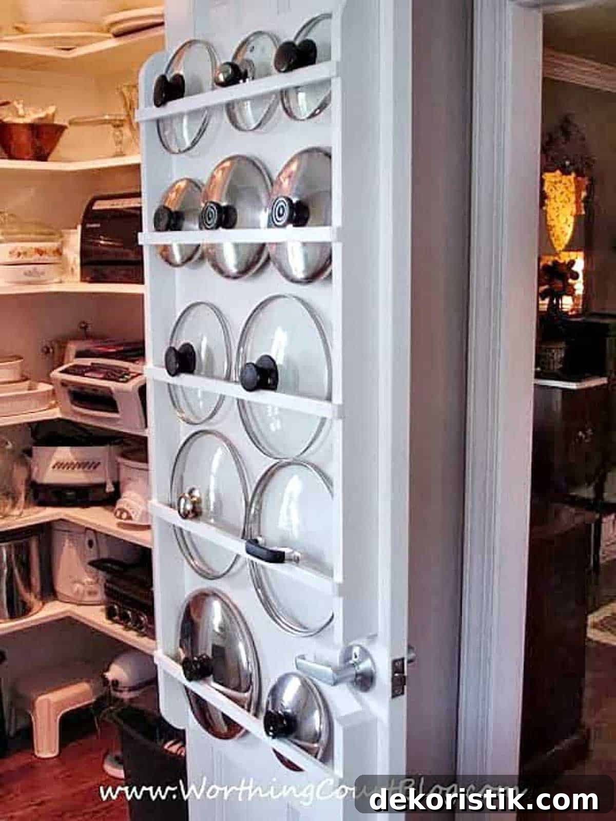 pot lids stored on a pantry closet door