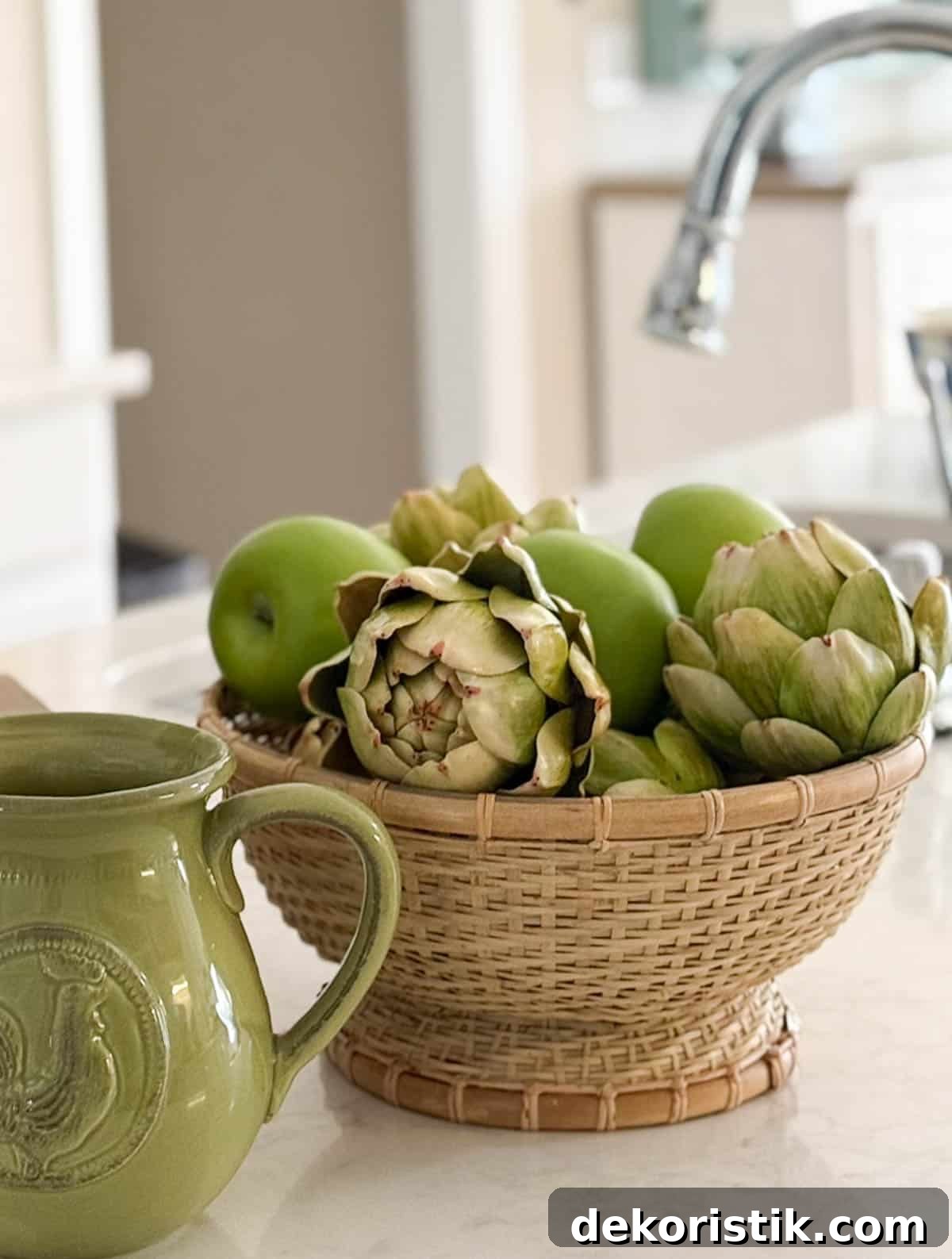 wicker pedestal bowl filled with faux apples and artichokes