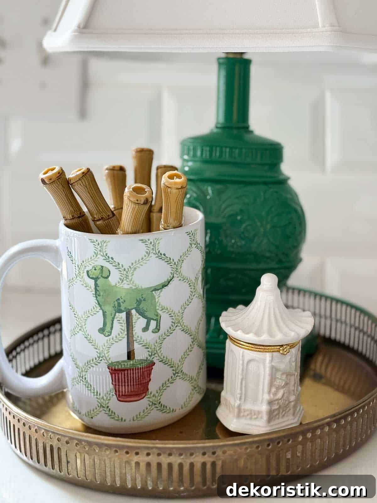 blue, white, and green accessories in an all white kitchen