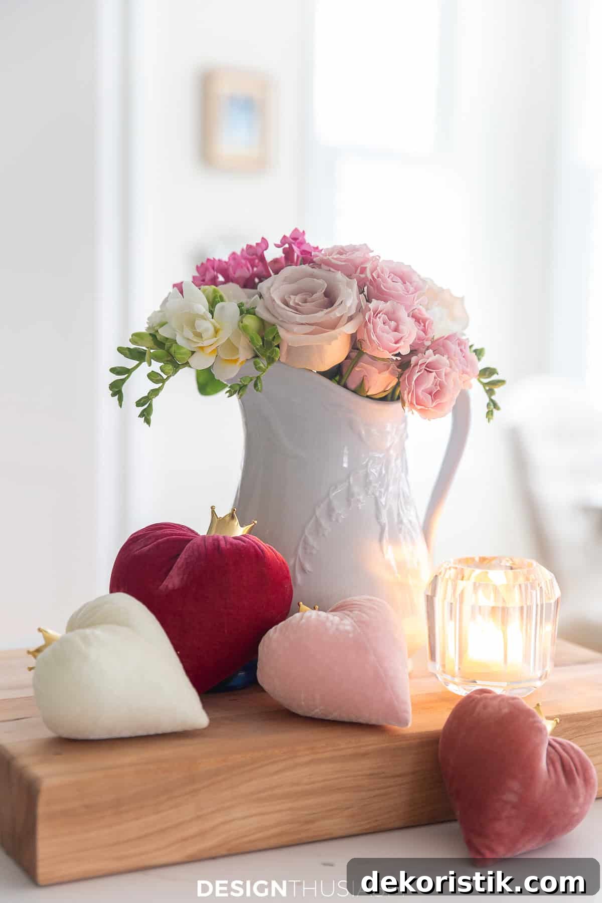 pin roses in a white pitcher beside 3 velvet hearts