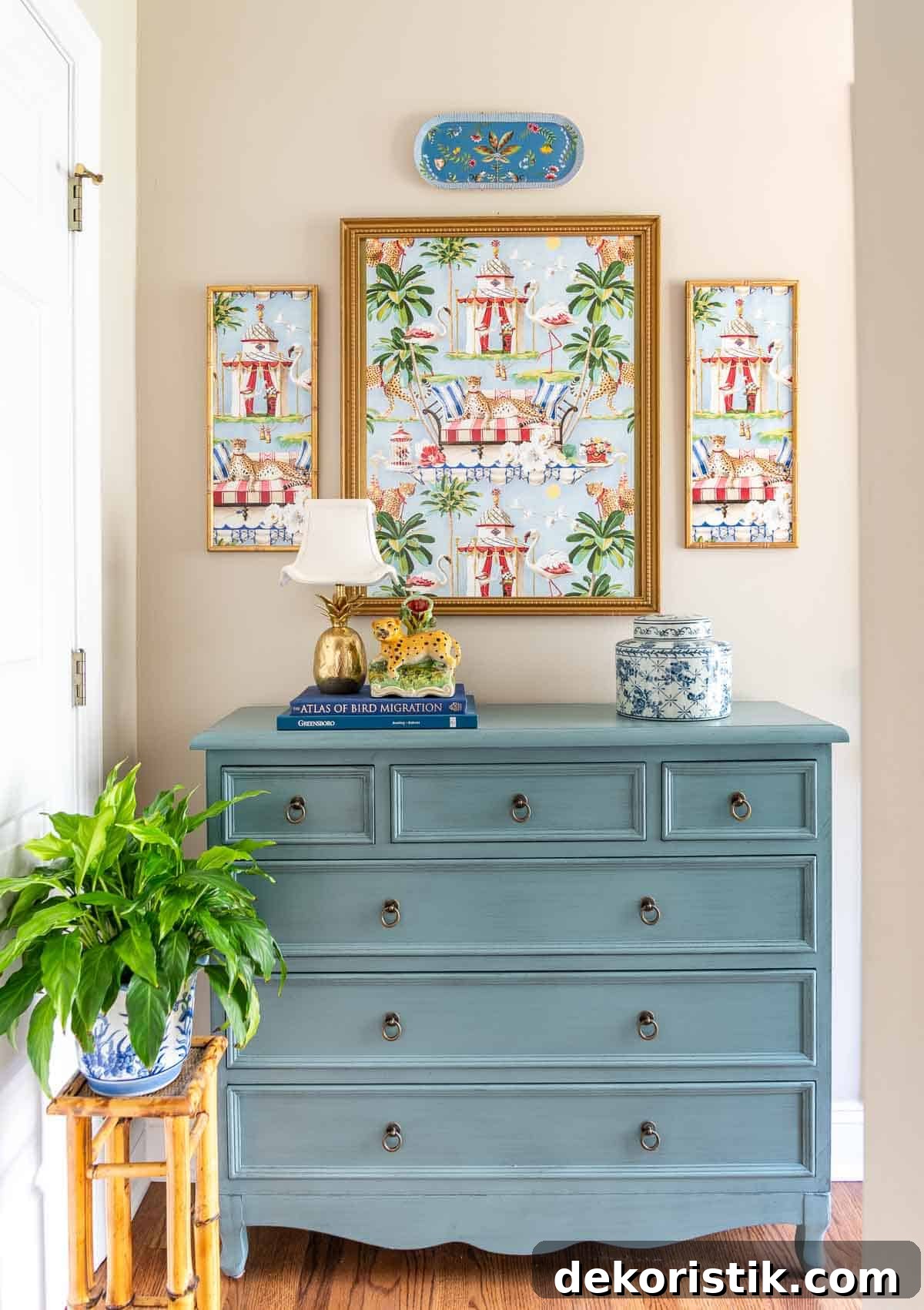 7 Home Decor Ideas to Infuse Personality and Character 12 Colorful decor with a teal dresser and tropical-themed artwork.