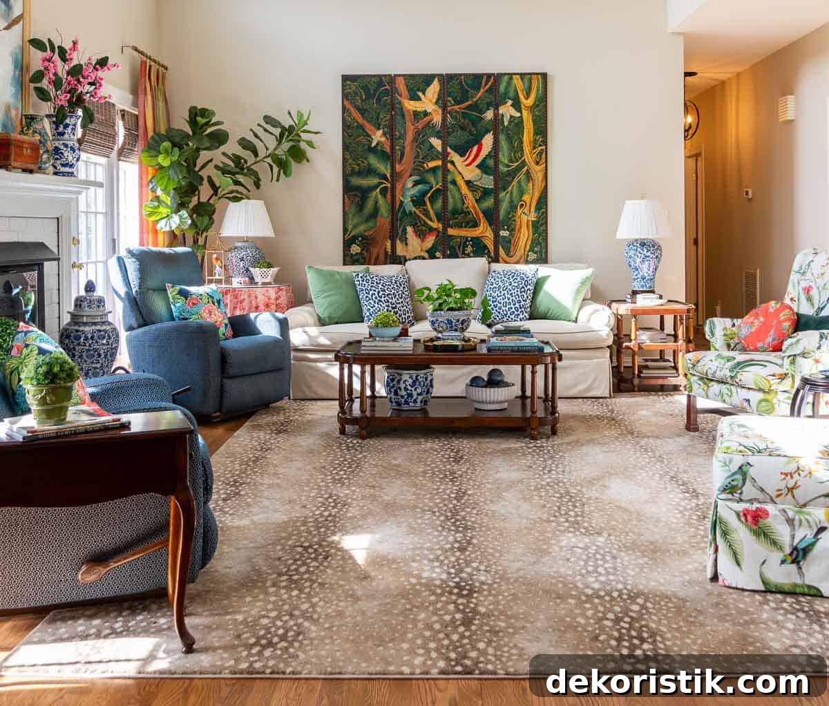 7 Home Decor Ideas to Infuse Personality and Character 5 Blue and white patterned living room decor, cozy seating area with colorful cushions and botanical accents.