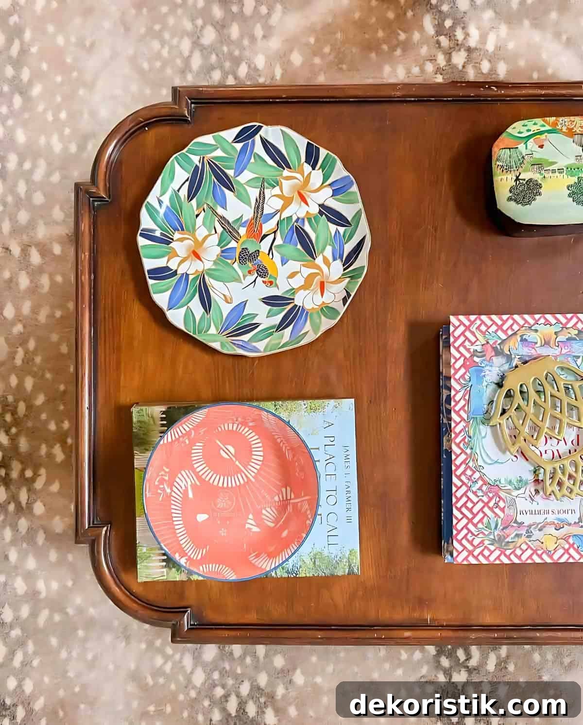 7 Home Decor Ideas to Infuse Personality and Character 7 overhead view of a coffee table with chinoiserie accessories on top of an antelope print rug