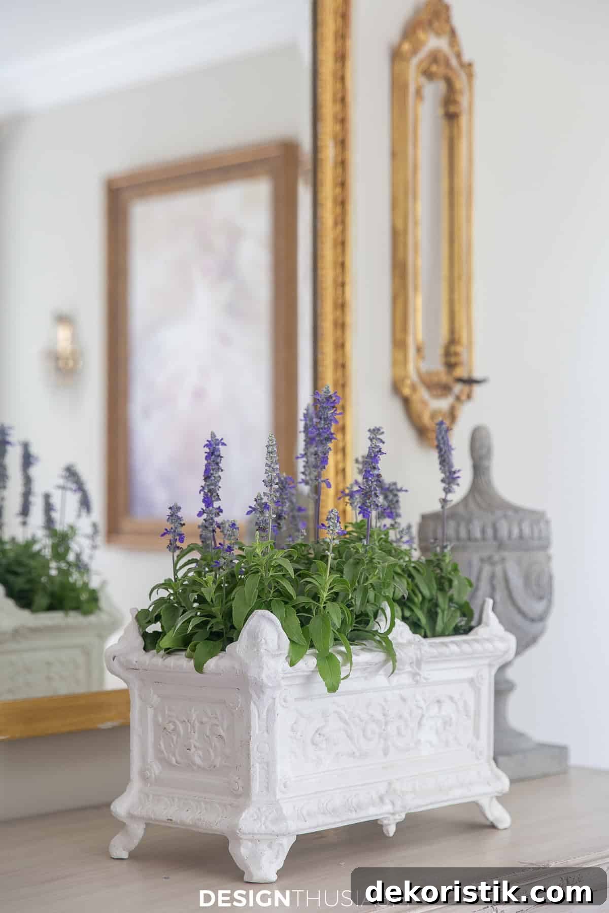 purple flowers in a white rectangular ceramic container