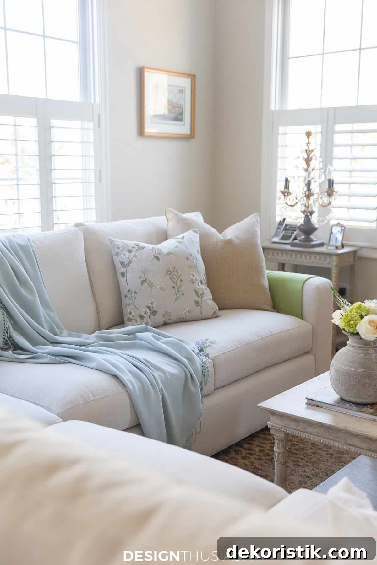 very neutrally decorated living space with sofa, shutters, and neutral furnishings