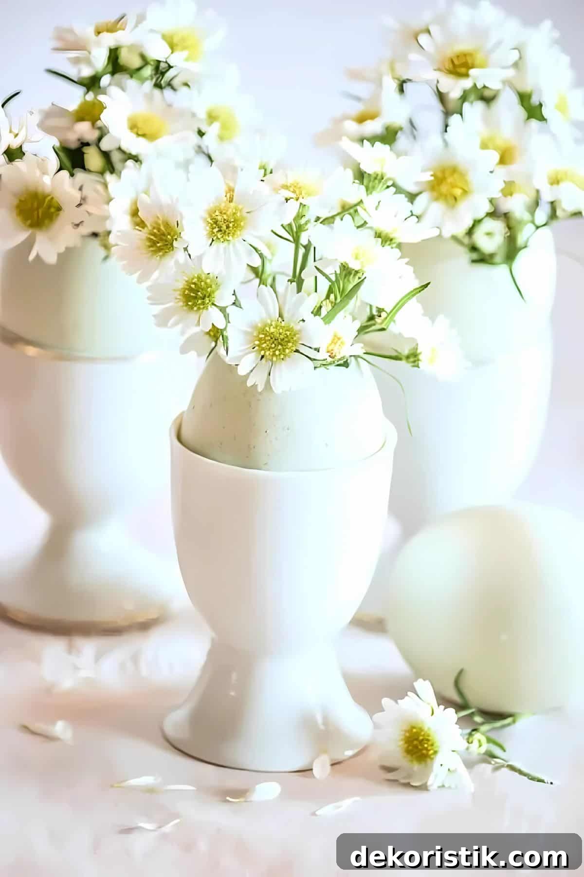 several eggs in white egg cups filled with small white flowers for spring