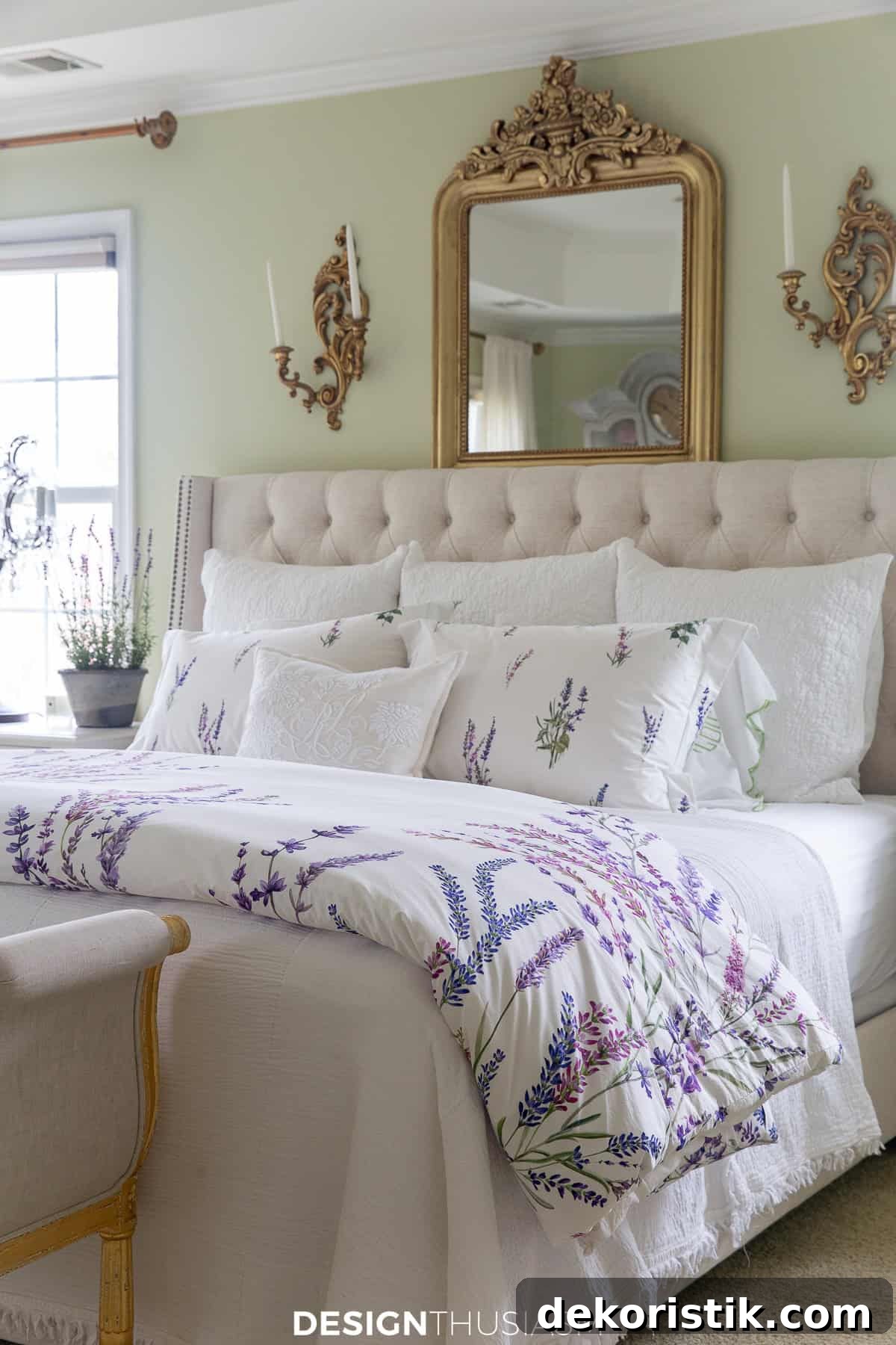 king bed with a white tufted headboard and french style wall accessories and bedding