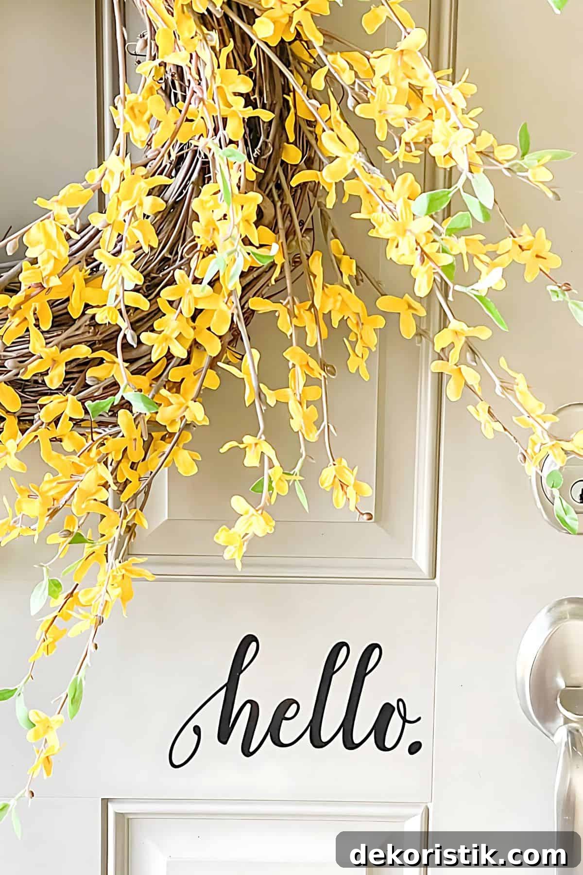 edge of a forsythia wreath on a beige door