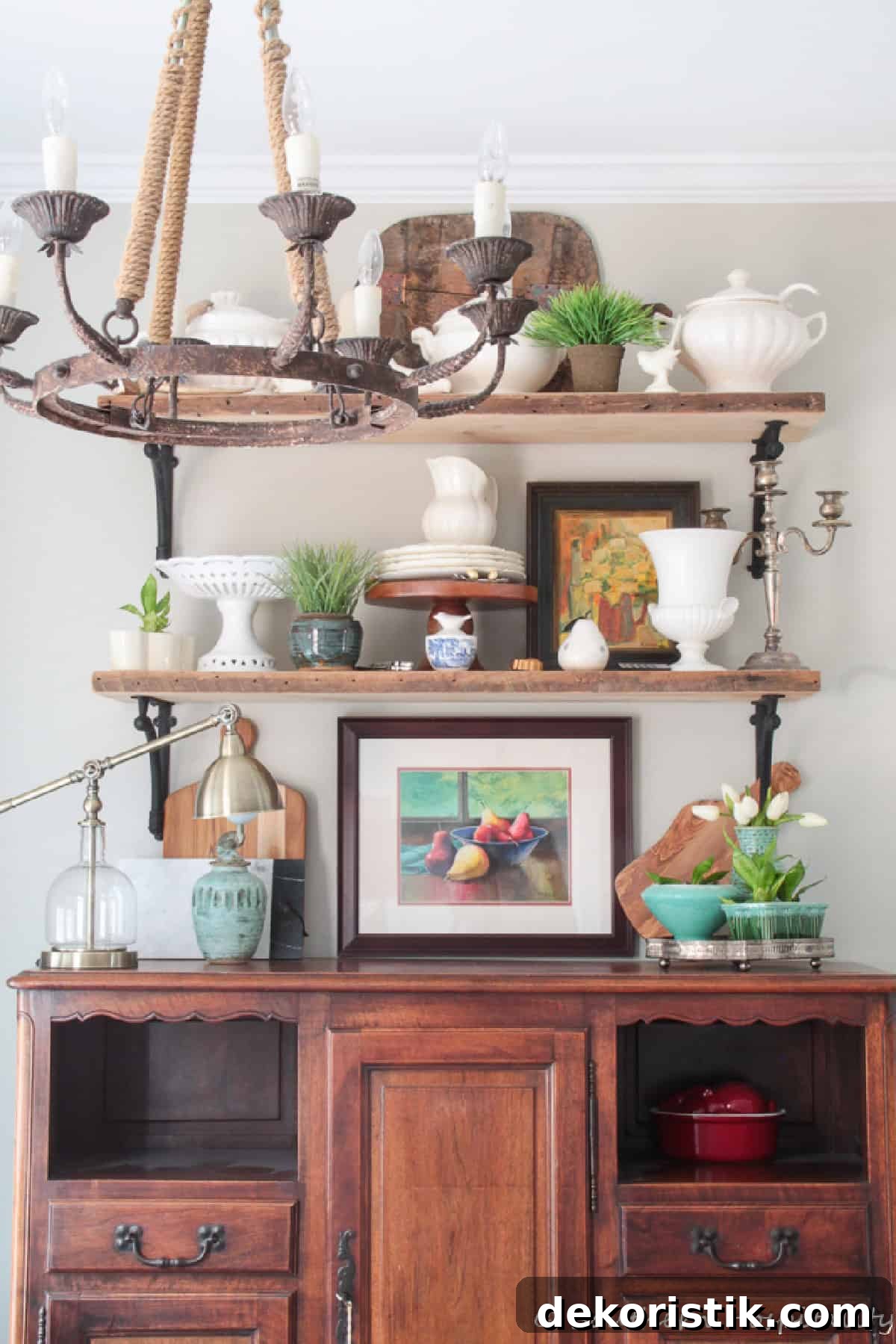 Spring Home Decor Ideas for Bedrooms, Mantels, Colors and More 5 open shelves above a sideboard decorated for spring