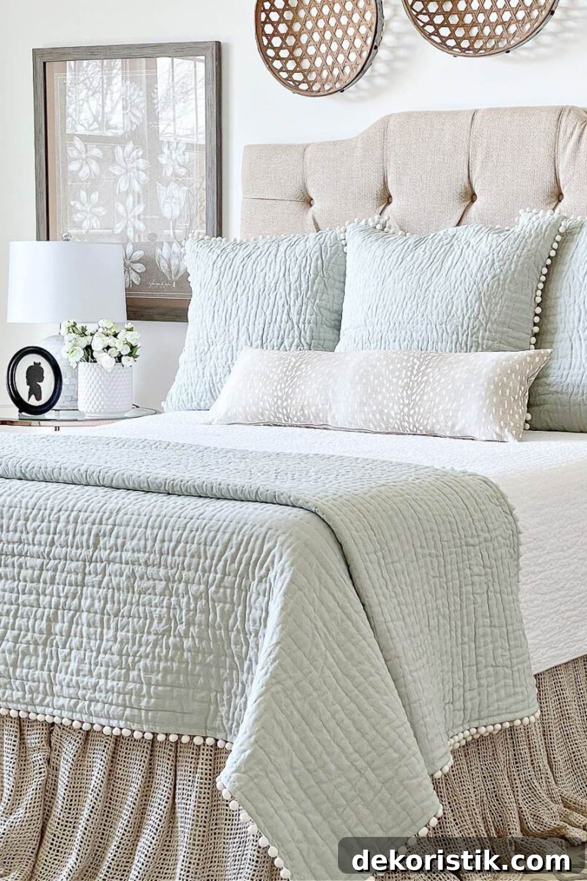 Spring Home Decor Ideas for Bedrooms, Mantels, Colors and More 6 bed with beige upholstered headboard with light gray/blue linens and a beige dust ruffle