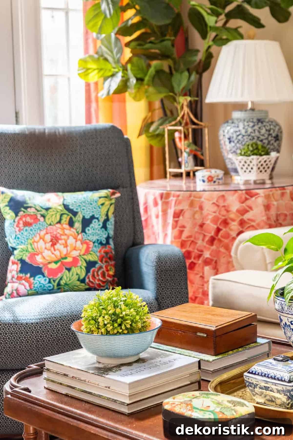 Spring Home Decor Ideas for Bedrooms, Mantels, Colors and More 7 corner of a living room with colorful furniture and spring decor