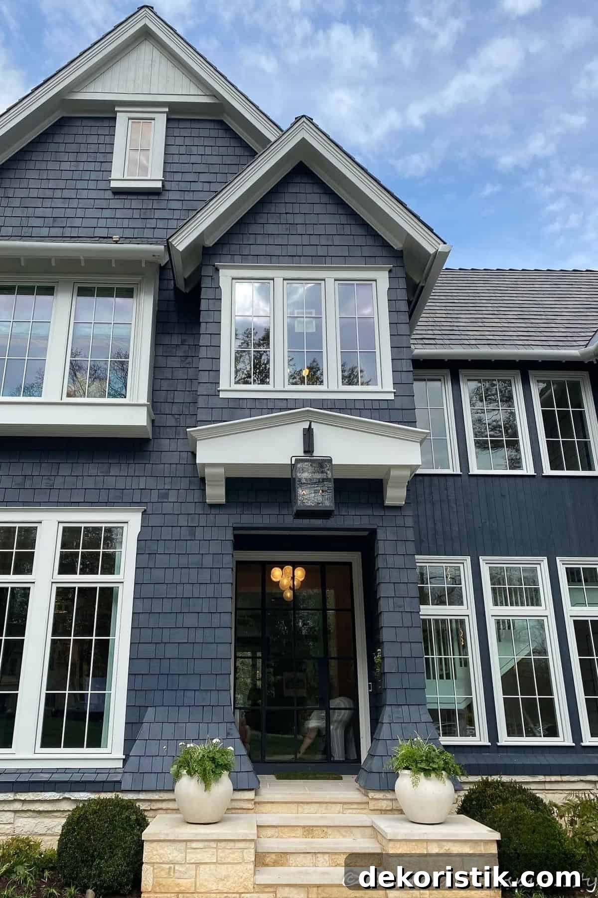 exterior of a large home with gray shingle siding and white exterior trim