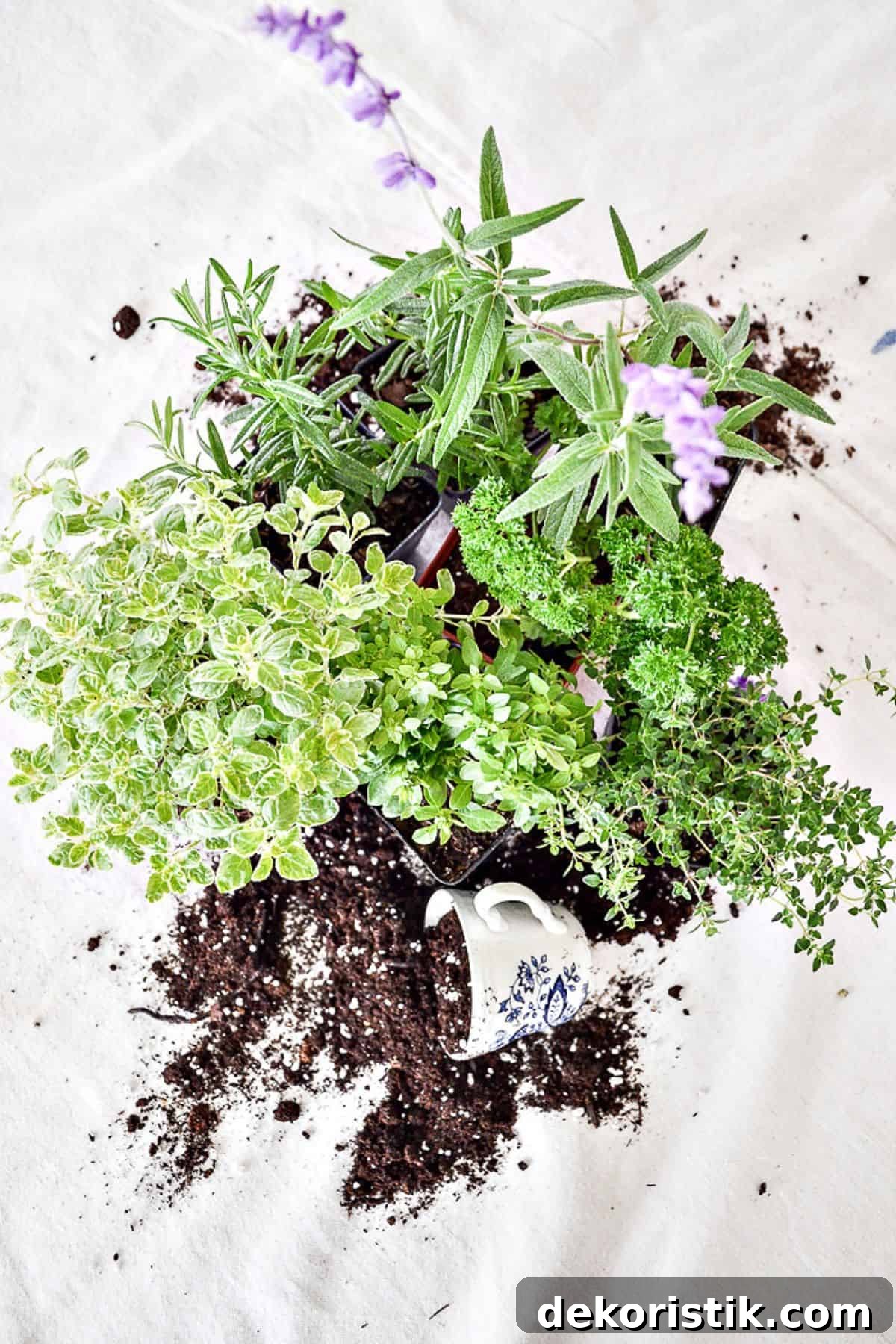 variety of live plants on a pile of dirt waiting to be potted