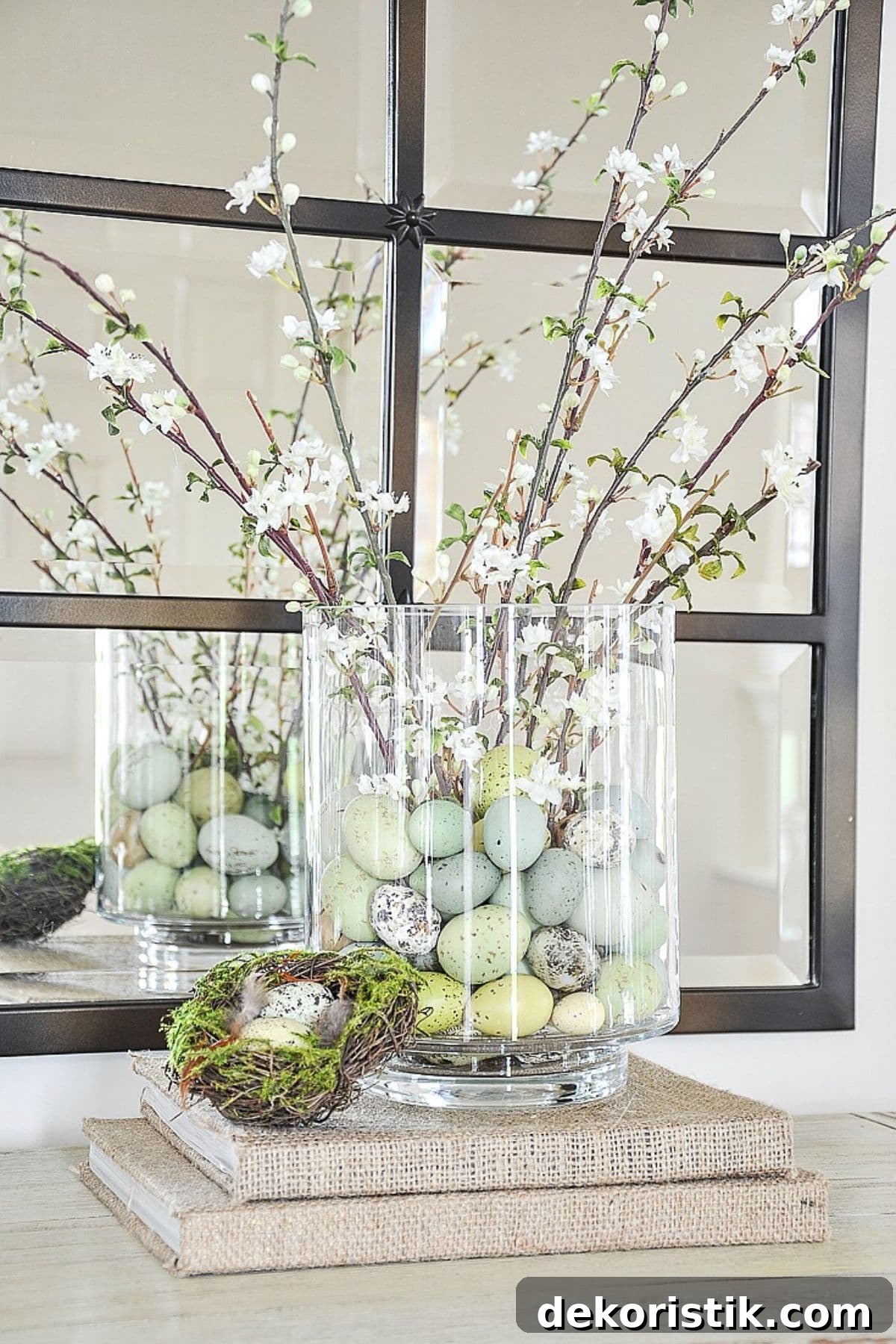 Spring Decorating: Easter Printables and Outdoor Decor 3 faux crab apple stems in a clear glass vase with faux colored Easter eggs on a stack of books covered in burlap