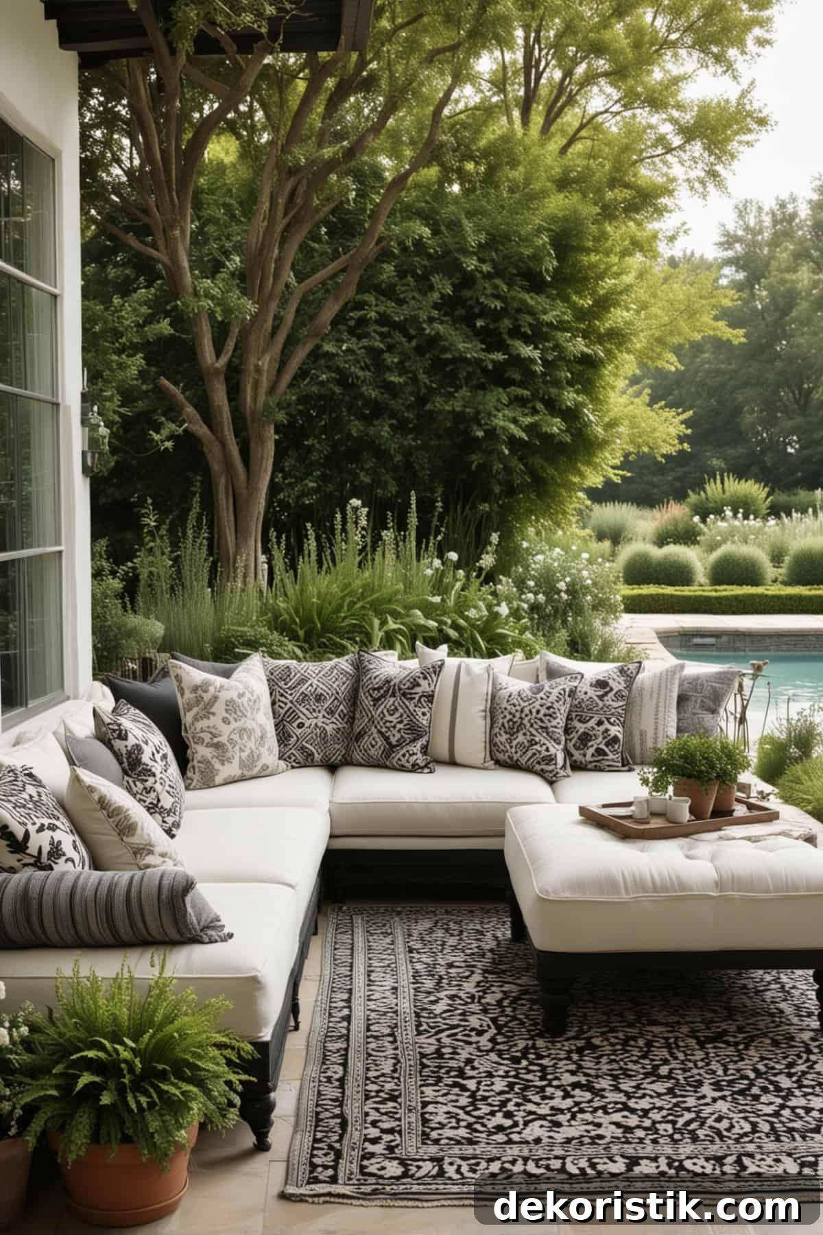 Spring Decorating: Easter Printables and Outdoor Decor 5 neutral colored sectional sofa on an outdoor patio beside a lush garden and pool