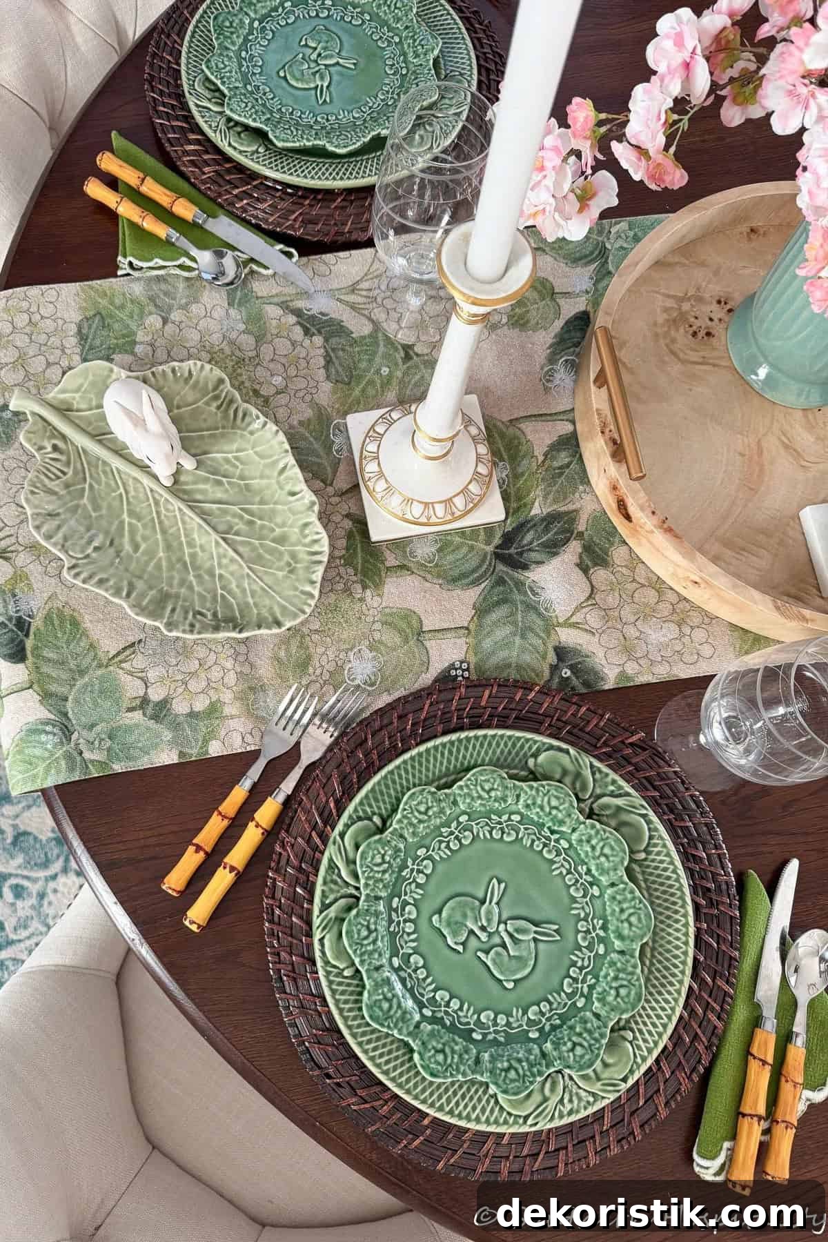 Spring Decorating: Easter Printables and Outdoor Decor 7 overhead view of a table set for Easter with green dinnerware and white candlesticks