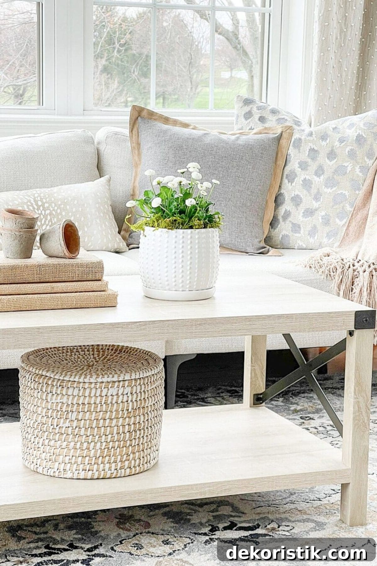partial view of a sunroom with all neutral furniture and acessories