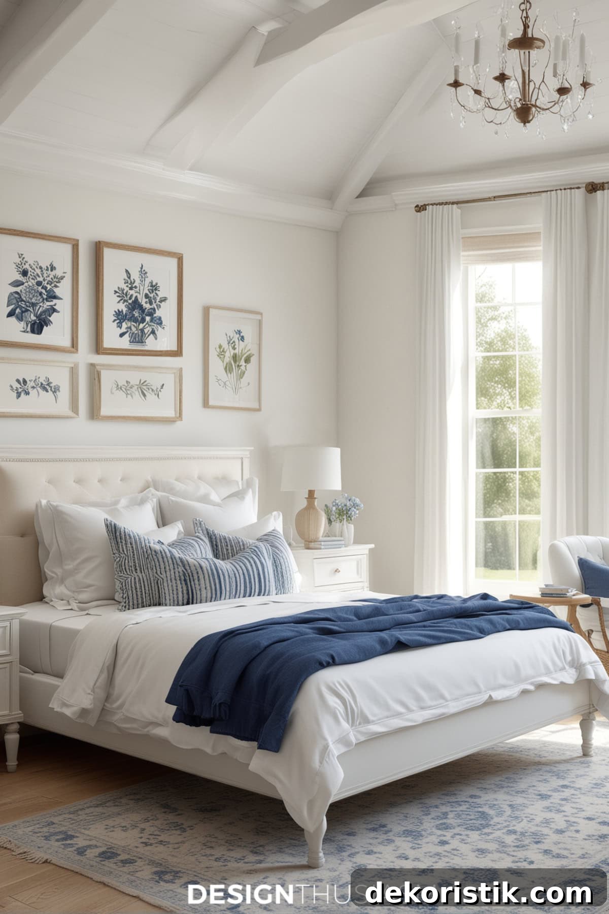 Breezy Summer Decor Ideas and Garden Favorites 3 all white bedroom, walls and furniture, with pops of blue linens and art