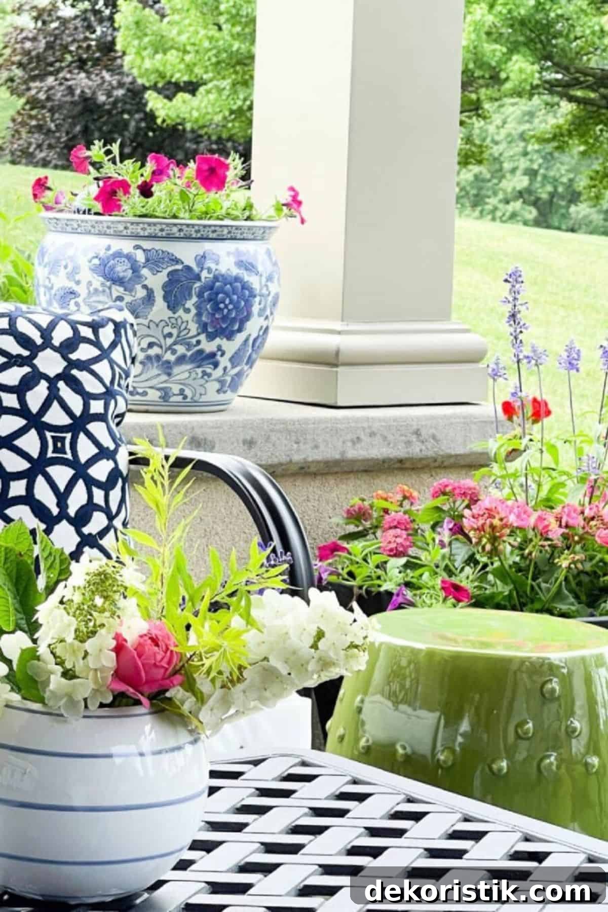 pink flowers planted in containers on a patio for summer
