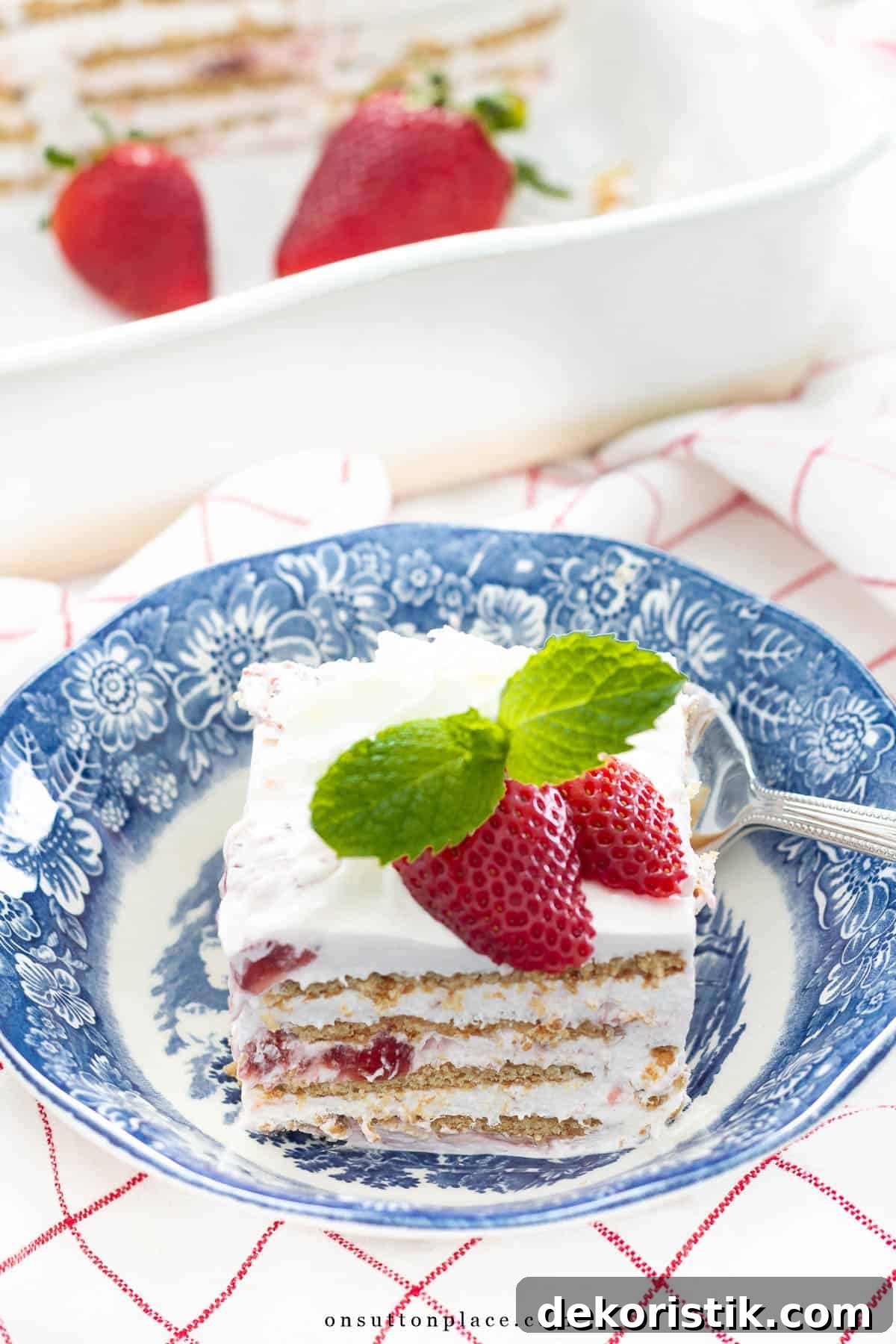 strawberries in a blue and white bowl