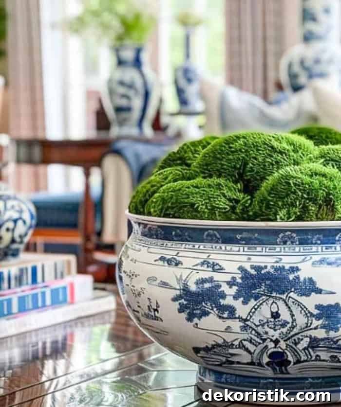 Blue and white chinoiserie bowl filled with organic moss on a wood coffee table
