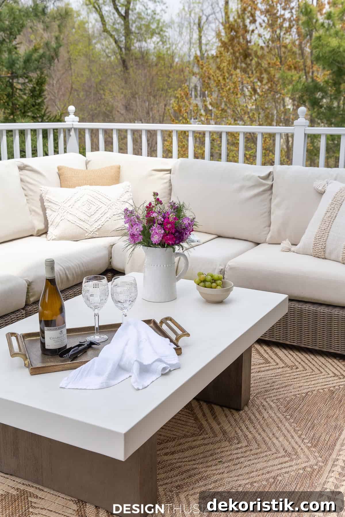 white sectional sofa and white topped coffee table on a deck