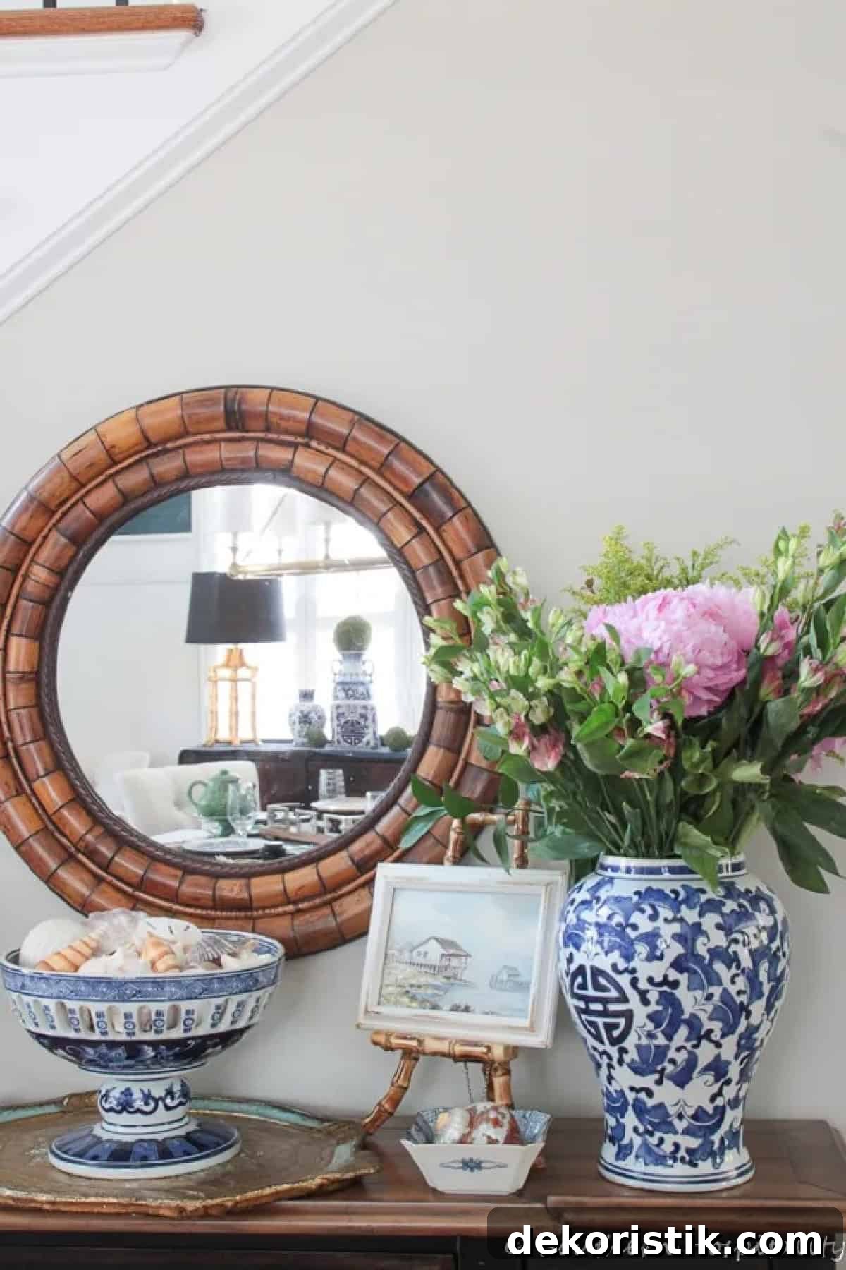 vignette with blue and white accessories and summer flowers