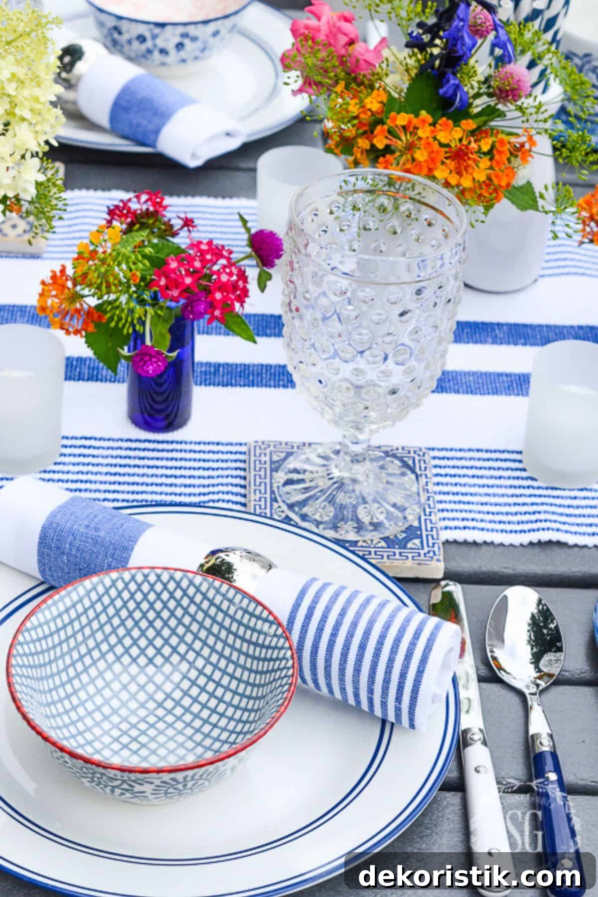 Summer tablescape with blue and white linens